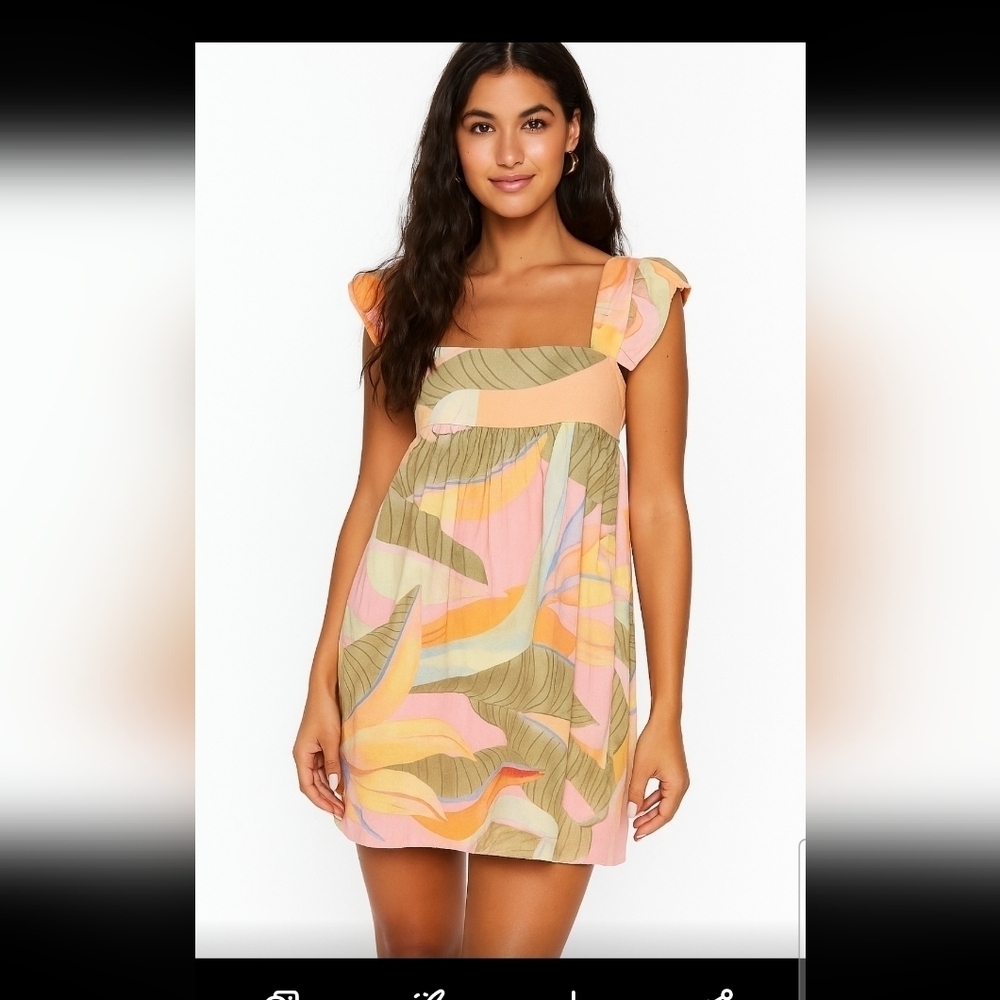Kourt Zaccai Women Linen Floral Tropical Square Neck Sleeveless Mini Dress S